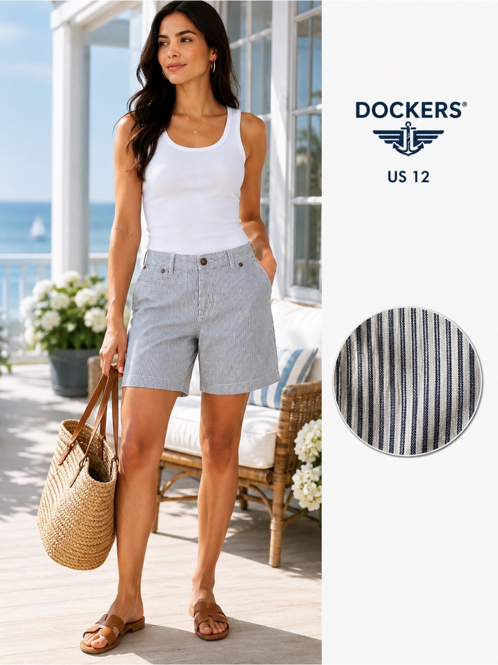Dockers Striped Bermuda Shorts Women’s Size 12 Blue White Stretch Cotton